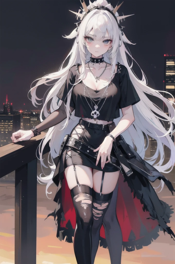 Ultra-realistic 8k CG,masterpiece,best quality,(photorealistic:1.4),HDR,absurdres,Professional,RAW photo,lens flare,(film grain:1.1),Bokeh,((Depth of field)),raytracing,POV,rembrandt lighting,black and white hair,smoky black eye makeup,eyeliner,expressionless,decadent,messy hair,punk-gothic,standing,arms crossed,maid headdress,Maid outfit,(tangled hair:1.2),fishnet stockings,(torn leggings:1.1),(ripped t-shirt:1.3),(studded belt:1.2),sexy,(black boots:1.1),(necklace with skull pendant:1.2),on a pedestrian bridge,city skyline at sunset,standing on a overpass,city background at sunset,(emo style:1.2),(alternative fashion:1.3),(from above:1.1),Professional,aerial view,close-up view,