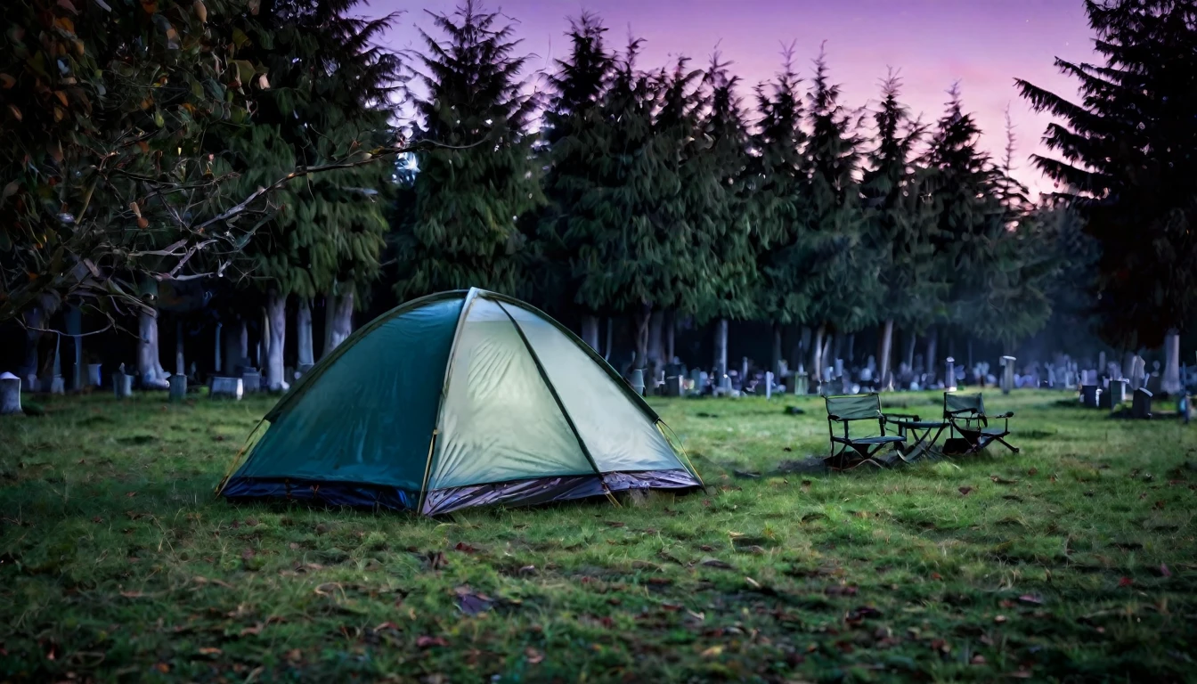cemetery background, lonely camping tent, at dawn, sinister, macabre environment
