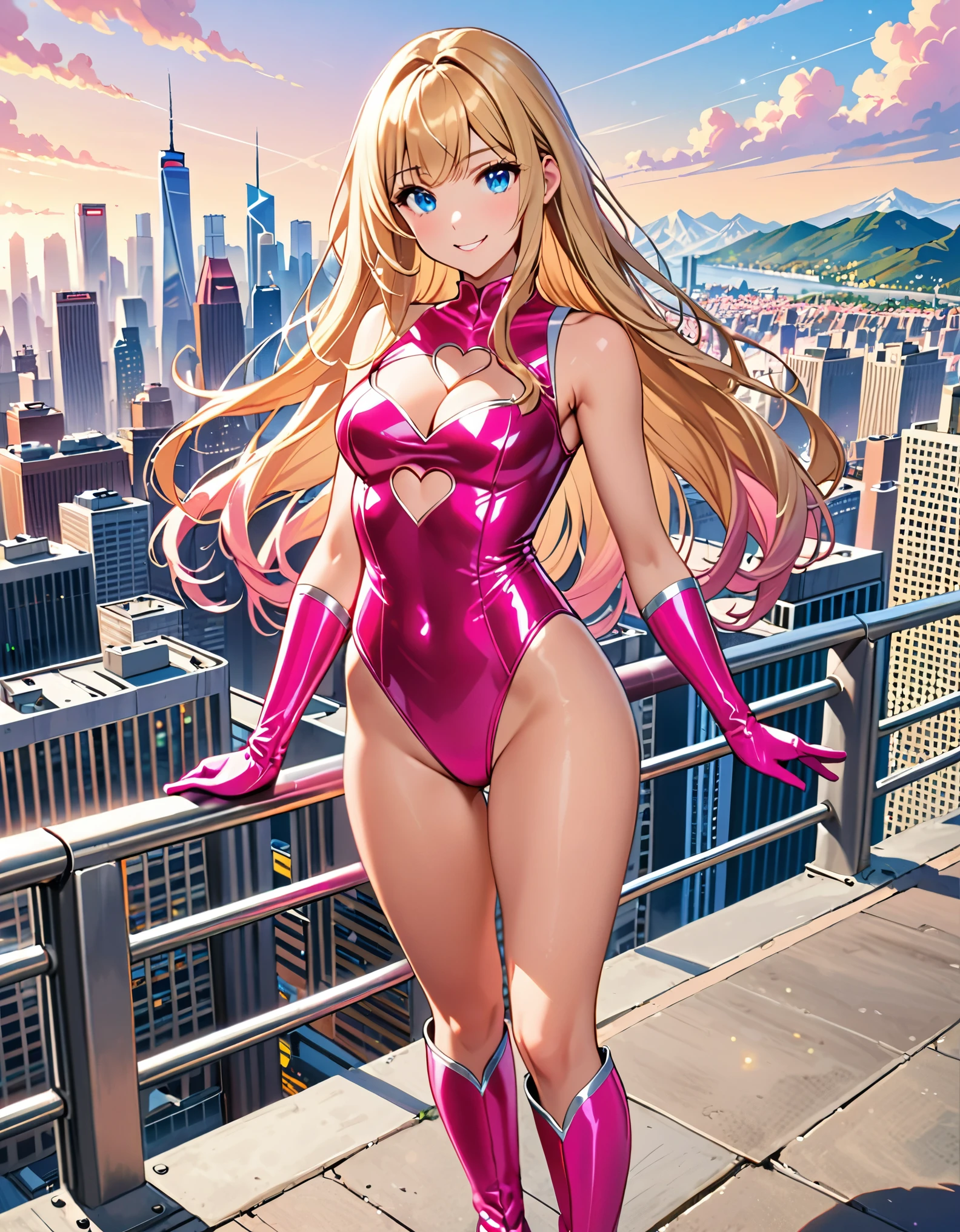 masterpiece, best quality, highres, 1girl, solo, superhero, leotard, bare legs, matching boots, sleeveless, looking at viewer, city backdrop, perfect hands, perfect eyes, perfect leotard, perfect legs, perfect arms, perfect fingers, medium breasts, pink leotard, standing, (blonde hair), long hair, knee boots, blue eyes, heart cutout, cute face, hair down, bangs, sleeveless, pink gloves, pink footwear, cleavage cutout, smile, full body with costume :d