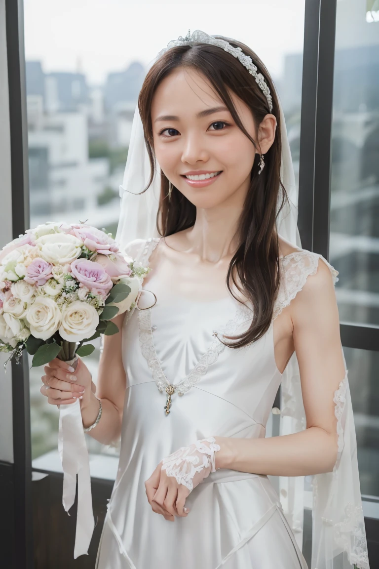 (Highest quality、Tabletop、8K、Best image quality、Award-winning works)、One beautiful bride、(alone:1.1)、(very pretty white sparkly wedding dress:1.2)、(A line wedding dress:1.2)、(long white gloves:1.2)、(holding a bouquet:1.5)、(Perfect Wedding Lace:1.2)、(The most gorgeous and luxurious giant tiara:1.1)、(The most extravagant and luxurious giant necklace:1.1)、((Look at me with your best smile:1.5))、((View your viewers:1.5))、((Looking into the camera:1.5))、A wide selection of the finest jewellery、Cowboy Shot、Perfect Makeup、Long eyelashes、Ultra HD Shining Eyes、Ultra HD Hair, 38 years old、((Skinny:1.7))、((flat chest:1.8))、((slender body:1.5))、((Medium sized breasts:1.5))、Ultra-high resolution glossy lips、Ultra High Resolution Perfect Teeth、Super high resolution beautiful face、(Accurate anatomy:1.1)、(Very bright and beautiful skin:1.2)、(very bright and vivid:1.2)、((Perfect beautiful bridal hairstyles))、(A gorgeous and elegant church:1.2)、(A gorgeous and beautiful church:1.2)、(Front facing body:1.1)、(The most romantic atmosphere:1.1)、(Strongly blurred background:1.1)、(Calm and warm lighting:1.1)、