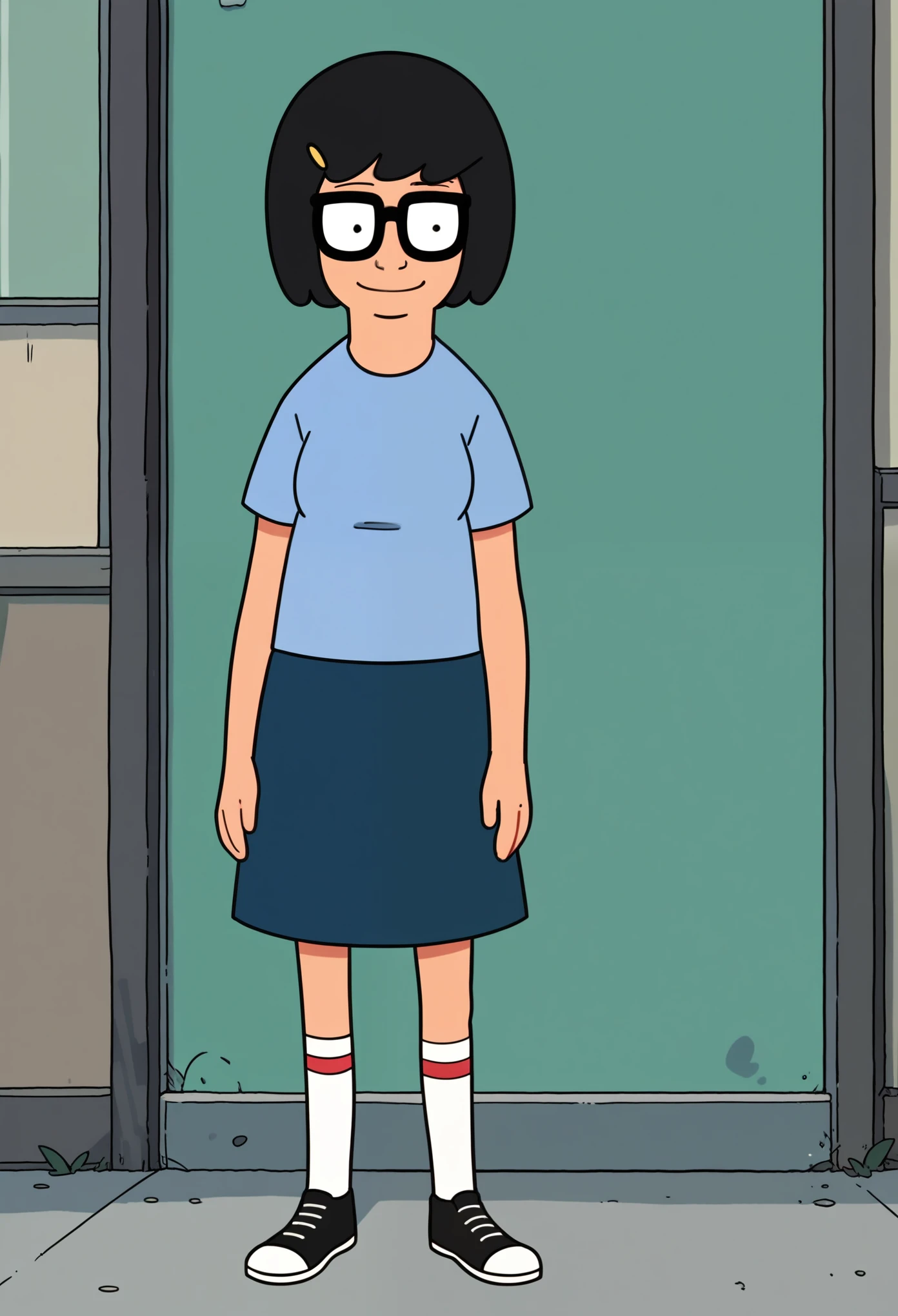 tina, black hair, short hair, 1girl, solo, blue shirt, glasses, hairclip, white socks, black footwear, blue skirt, black eyes cowboy shot,, score_9, score_8_up, score_7_up, score_6_up, score_5_up, score_4_up solid circle eyes, smile,