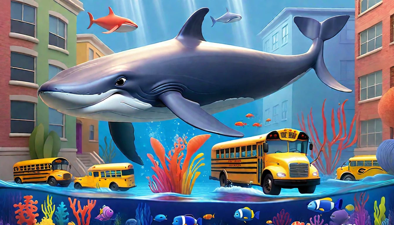 Create a 3-D Pixar style art scene for kids featuring a blue whale swimming beside three school buses for size comparison. The scene should be colorful and vibrant, with an ocean background, coral reefs, and schools of fish. The overall mood should be engaging and inviting for young children.