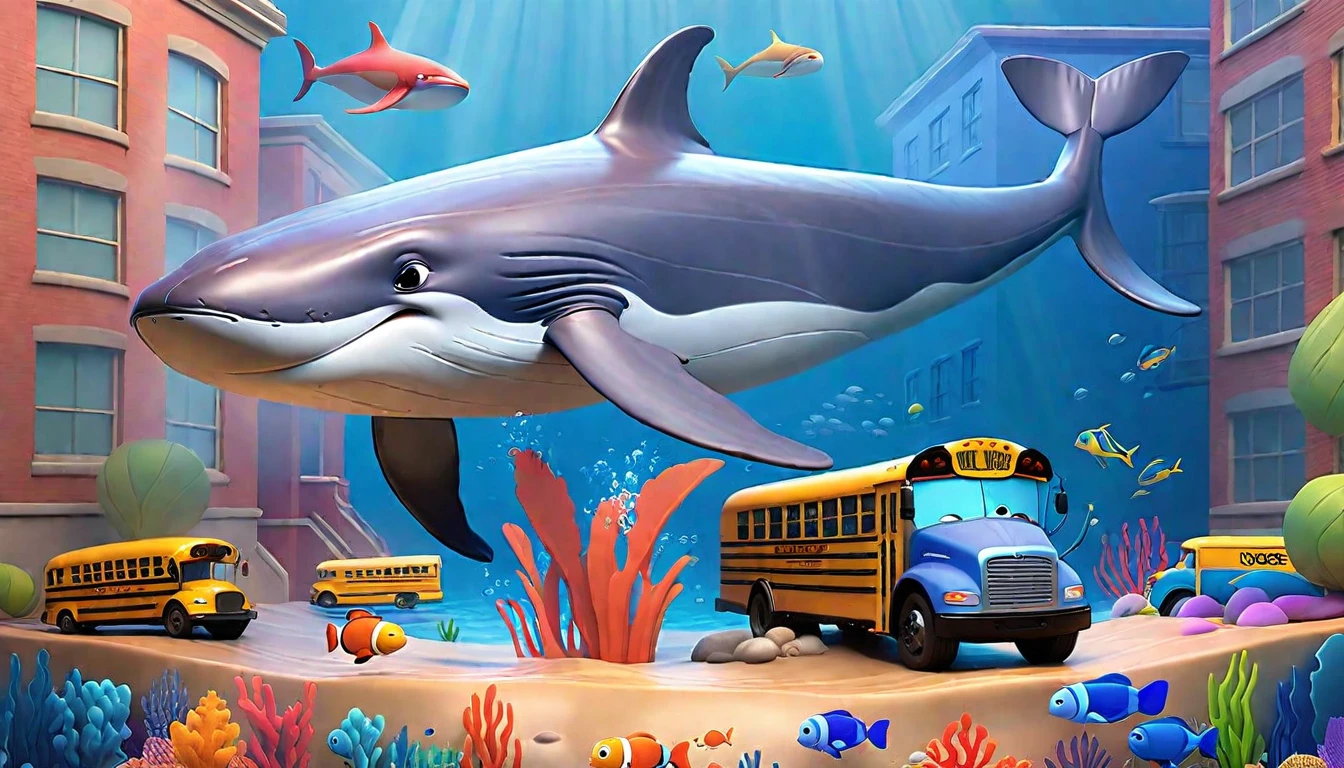 Create a 3-D Pixar style art scene for kids featuring a blue whale swimming beside three school buses for size comparison. The scene should be colorful and vibrant, with an ocean background, coral reefs, and schools of fish. The overall mood should be engaging and inviting for young children.