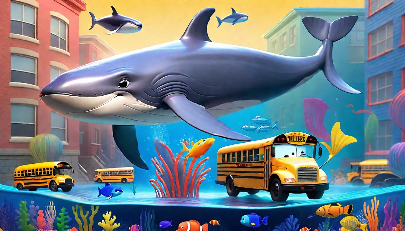 Create a 3-D Pixar style art scene for kids featuring a blue whale swimming beside three school buses for size comparison. The scene should be colorful and vibrant, with an ocean background, coral reefs, and schools of fish. The overall mood should be engaging and inviting for young children.