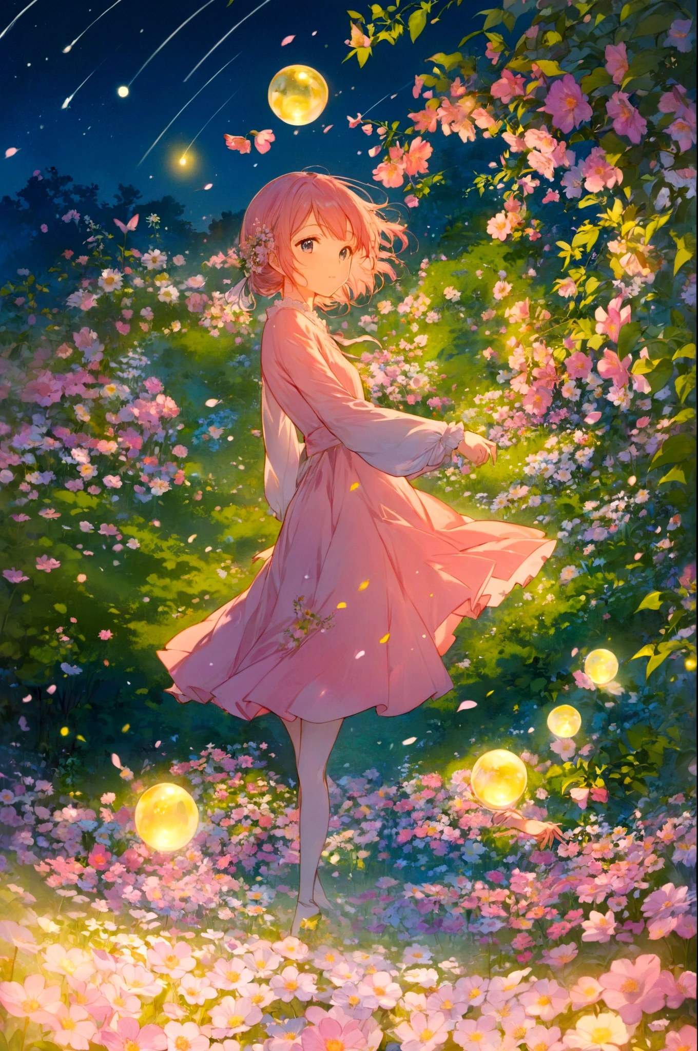 anime girl in a pink dress standing in a field of flowers, beautiful anime artwork, beautiful anime art, girl dancing in a flower field, she is the center of the garden, lady with glowing flowers dress, by Eizan Kikukawa, girl in flowers, in style of kyoto animation, a beautiful artwork illustration, in dress