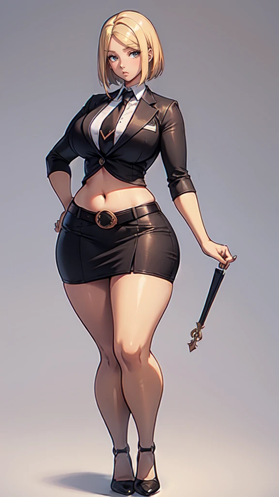 blank background, (((full body))), (masterpiece), ((best quality)), ((tall girl)), straight hair (curvy:1.7), (very short skirt), shoes, belt below navel, blonde,  (black suit and tie), wide hips