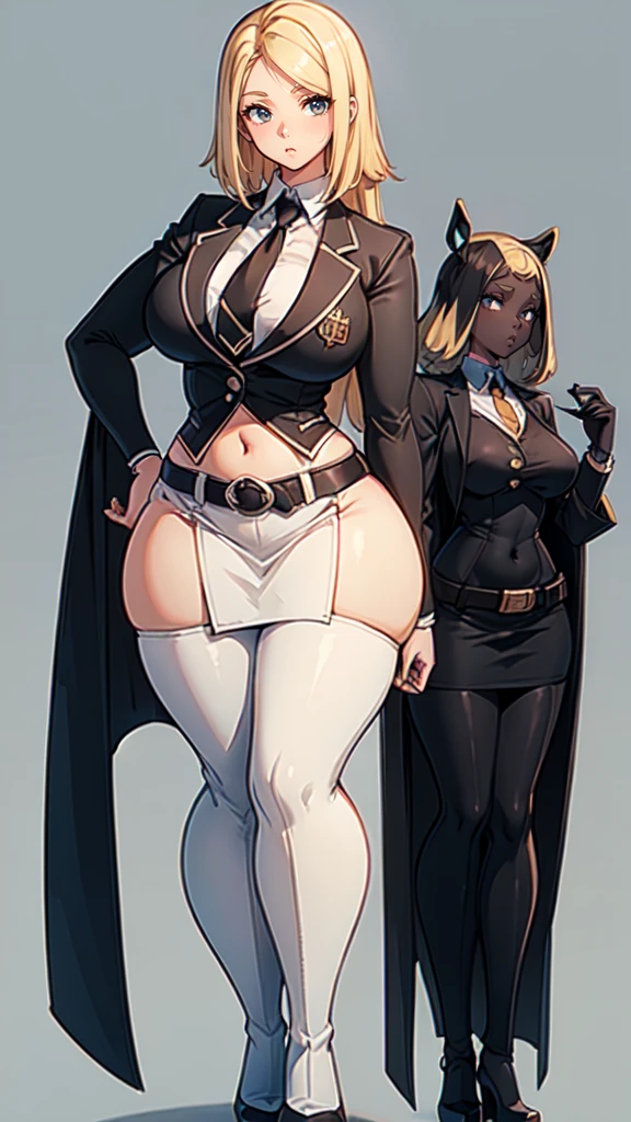 blank background, (((full body))), (masterpiece), ((best quality)), ((tall girl)), straight hair (curvy:1.7), (very short skirt), shoes, belt below navel, blonde, (black suit and tie), wide hips