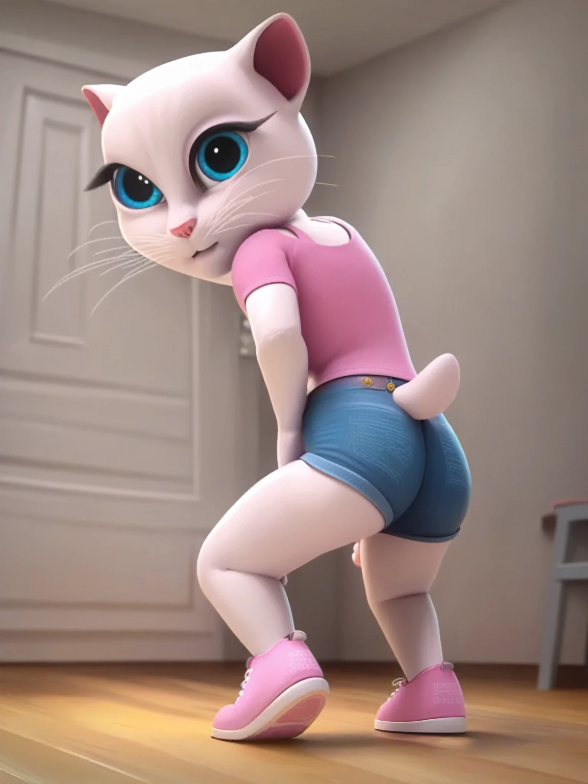 solo focus, a_la, 1girl, cat, white fur, long whiskers on both sides of the face, big bright blue eyes, big black eyelashes, small pink nose, triangular ears with pink channels, looking at the viewer, dancing, twerking, ass focus, squatting, sneakers, short, jean shorts, score_9, score_8_up, score_7_up, penis