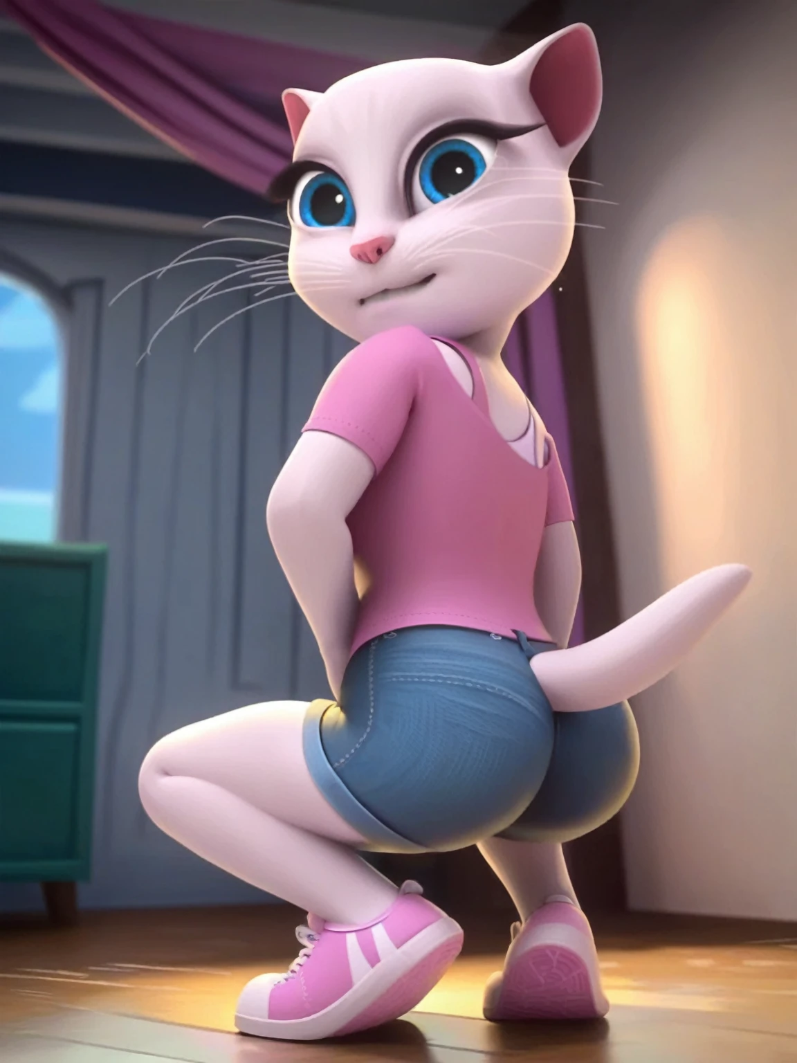 solo focus, a_la, 1girl, cat, white fur, long whiskers on both sides of the face, big bright blue eyes, big black eyelashes, small pink nose, triangular ears with pink channels, looking at the viewer, dancing, twerking, ass focus, squatting, sneakers, short, jean shorts, score_9, score_8_up, score_7_up, penis