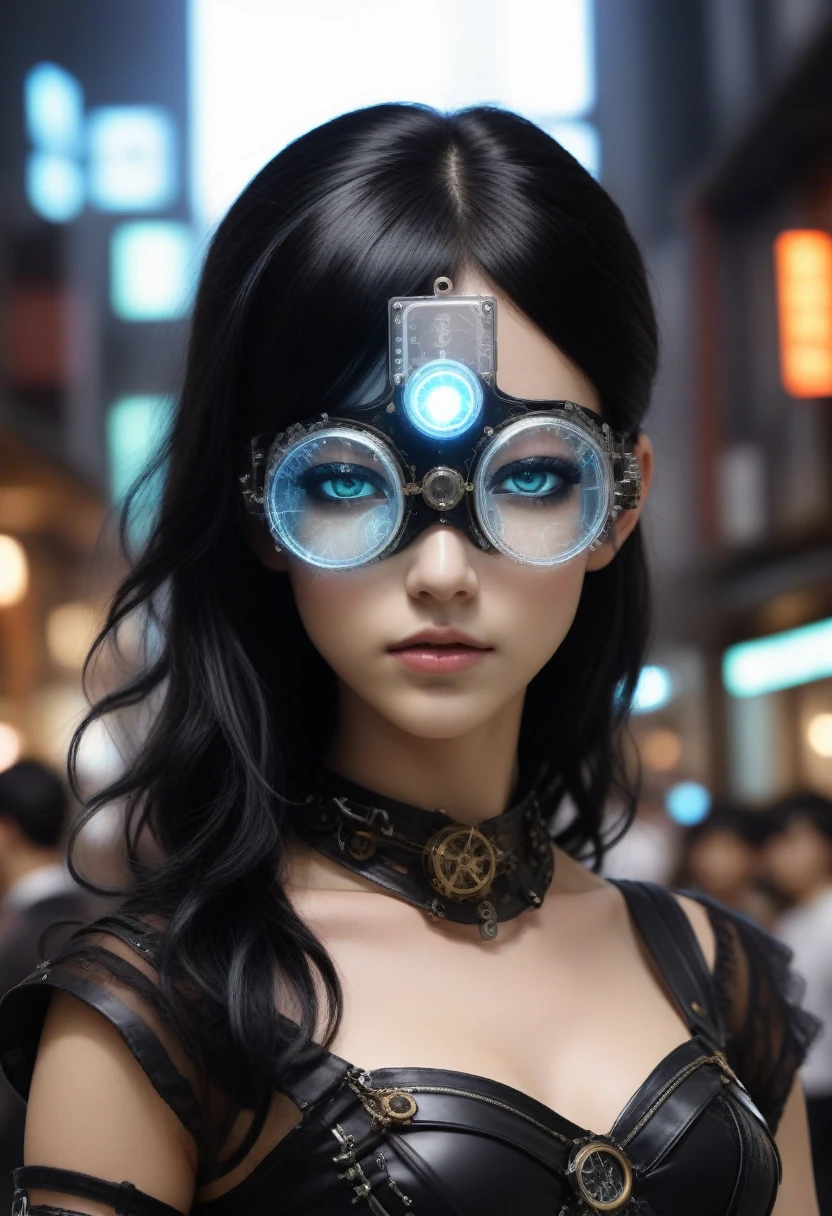 ampereart dancer in a  full of electrical diagrams, very realistic <lora:ampereart:0.9　neon　Transparent eye shield　fashion show　Black Hair　Steampunk　　ポニーテール　City of night