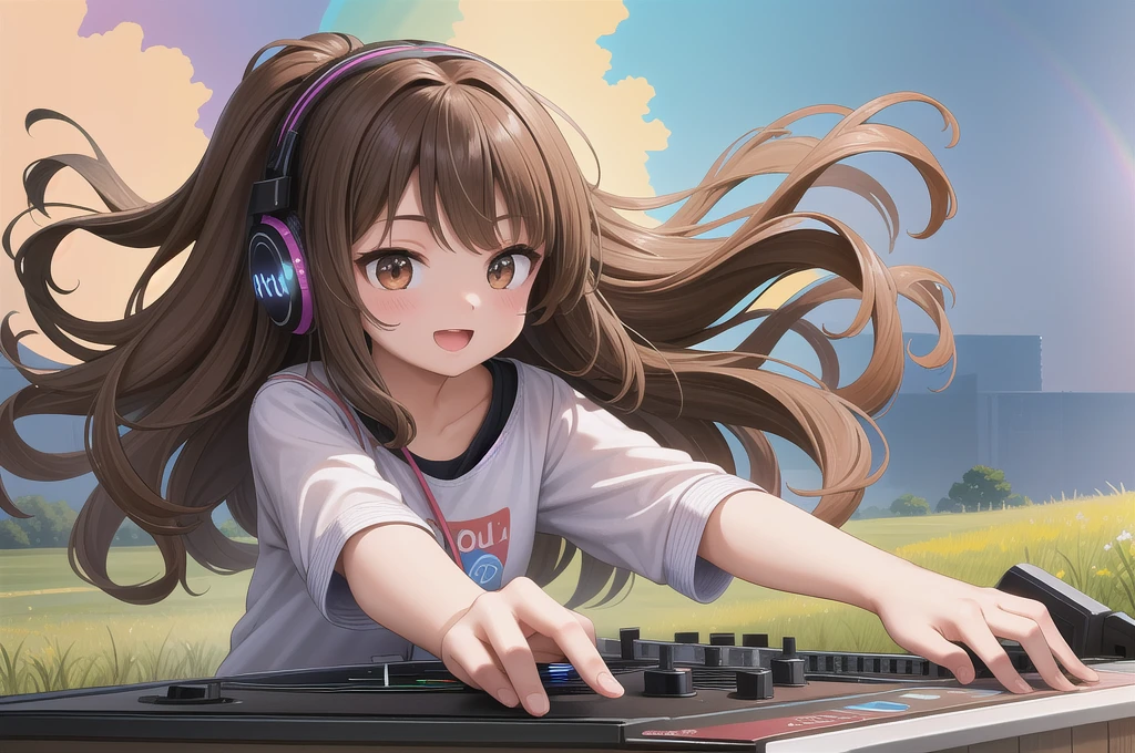 One girl, alone, 20-year-old, Brown eyes, Brown Hair, Long, beautiful wavy hair, smile, Nice casual clothes, grassland, headphone, Detailed DJ equipment, djing, Beautiful rainbow, masterpiece, Fine Fingers, 最high quality:1.4, high quality, detailed,