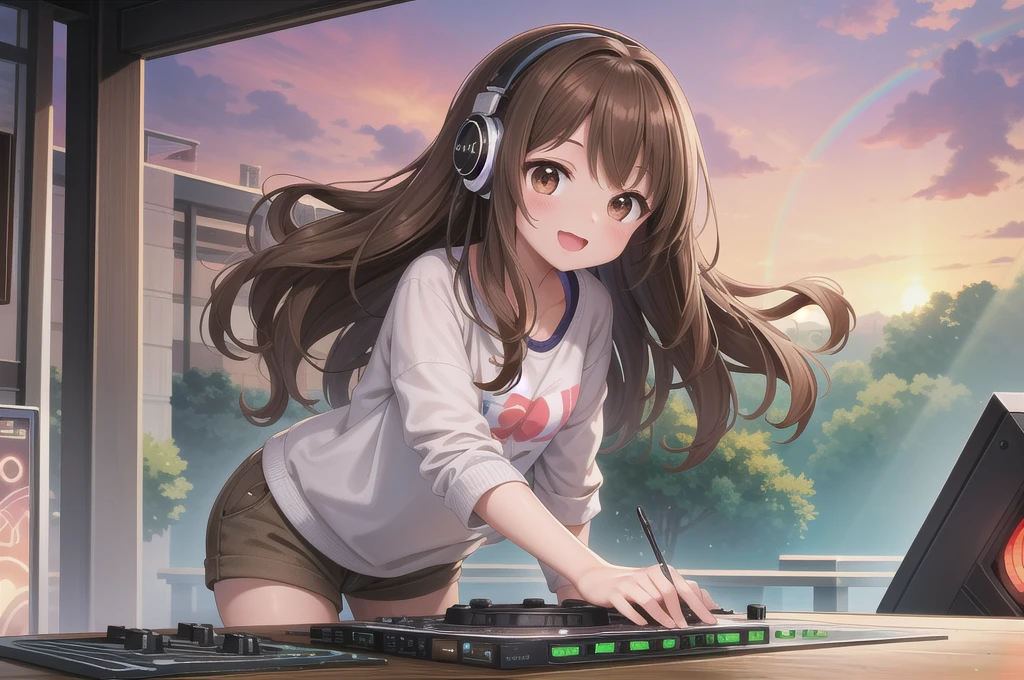 One girl, alone, 20-year-old, Brown eyes, Brown Hair, Long, beautiful wavy hair, smile, Nice casual clothes, grassland, headphone, Detailed DJ equipment, djing, Beautiful rainbow, masterpiece, Fine Fingers, 最high quality:1.4, high quality, detailed,