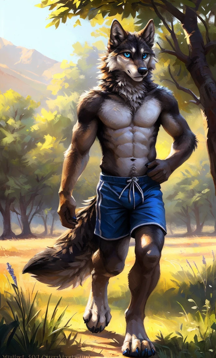 ((Solo)), male people, anthro wolf, (Multi-colored fur, White-brown:1.3,White tail pointed), (Height 2.1m,Tail length 1.2m), ((Wolf face, Big eyes, White eyelids, Blue pupil, Slim:1.2) (Tough, Calm expression:1.2)), Abs, Slim, pinging)), (Correct anatomy), (Work shorts:1.1), The upper body naked, (detailed outfits),A long big tail,Feet,(Realistic fur, Detailed fur texture, labeled:1.3)), (Natural lighting), Photorealistic, Hyperrealistic, ultradetailed, by Kenket,Field,erect through,Running on