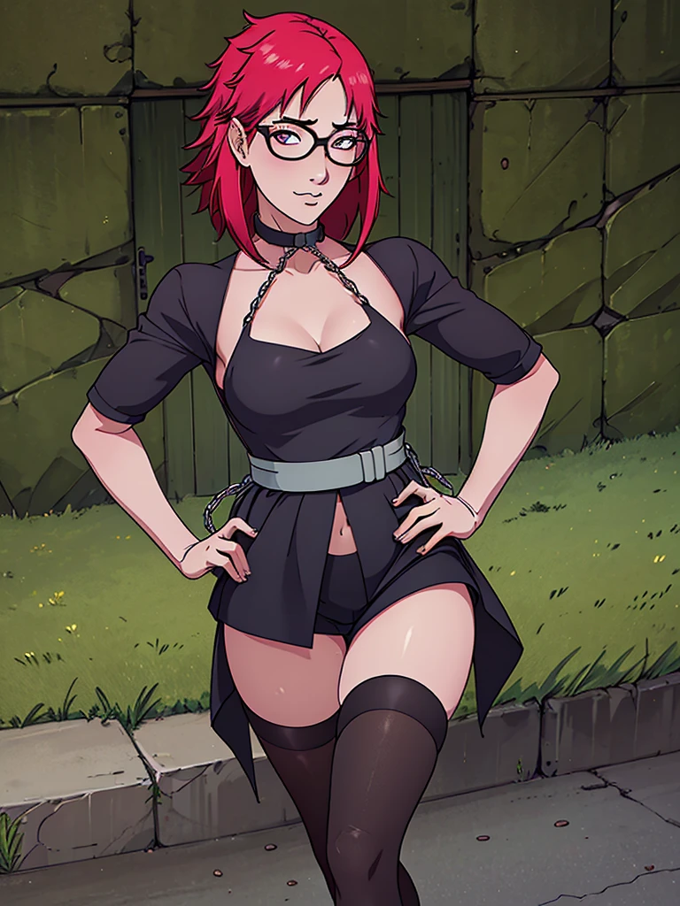 Best quality, 4k, high resolution, body stuck dress, perfect smile, gorgeous, light skin, ahegao face(hentai face) ,red hair, , wearing glasses, wearing bodystuck short dress,(wearing pink bloud ), clothes are stuck in body, bodyfit outfit,1 girl, solo, seductive look, elegance and charm, (masterpiece, best quality, high resolution), looking at the viewer, standing, (intricate and beautiful:1.2), (detailed light:1.2), (soft light, side light), (high resolution textures) , holding leash in hand(chain leash), outdoor, Burmese girl,wearing short  pants(black colour) with white line ,wearing gorgeous jewelary, wearing harness over the outfit ,outdoor background, sun light, attractive, sexy, mature and hot, young,(masterpiece:1.3), (disorganized:1.3), (highest quality:1.3), perfect anatomy, detailed face, front view, perfect right hands, looking at viewer, (Super detailed:1.3), (best shadow:0.7), (treated hair), fine eyes, beautiful eyes, young aged woman, alone, standing, crystal earrings,closed_mouth, , outdoors,Thick thighs, arrogant face, small 