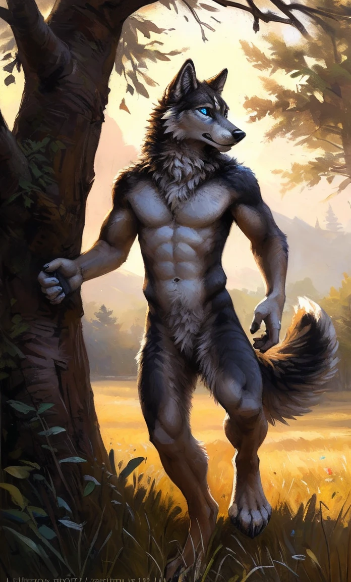 ((Solo)), male people, anthro wolf, (Multi-colored fur, White-brown:1.3，White tail pointed), (Height 2.1m,Tail length 1.5m), ((Wolf face, Big eyes, White eyelids, Blue pupil, Slim:1.2) (Tough, Calm expression:1.2)), Abs, Slim, pinging)), (Correct anatomy), Naked all over the body,A long big tail，Feet，(Realistic fur, Detailed fur texture, labeled:1.3)), (Natural lighting), Photorealistic, Hyperrealistic, ultradetailed, by Kenket，Field，No artifacts