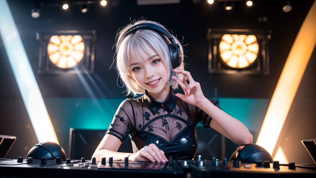 (ultra - detailed, 16K resolution, Cinema lenses, rendering by octane), (high resolution:1.18), intricate detail, (masterpiece:1.1), (highest quality:1.1), (1girl, portrait, white hair, blue eyes, short hair, detailed eyes),Wearing silver DJ headphones, Shiny silver sequined T-shirt, (Iconic hip-hop pop costumes:1.3), Smile while DJing on stage, full body shot of, The spotlight shines on the female DJ. Photorealistic photography by Disco Lighting, (cute round face:1.3), perfect fingers, five fingers, beautiful hands, perfect hands. master peace, cute smile.