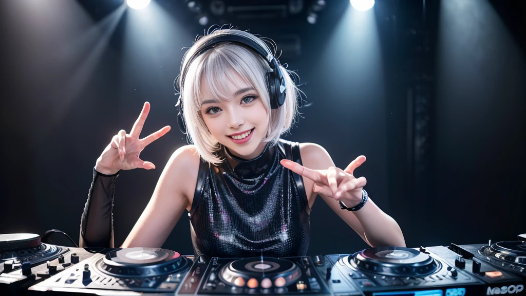 (ultra - detailed, 16K resolution, Cinema lenses, rendering by octane), (high resolution:1.18), intricate detail, (masterpiece:1.1), (highest quality:1.1), (1girl, portrait, white hair, blue eyes, short hair, detailed eyes),Wearing silver DJ headphones, Shiny silver sequined T-shirt, (Iconic hip-hop pop costumes:1.3), Smile while DJing on stage, full body shot of, The spotlight shines on the female DJ. Photorealistic photography by Disco Lighting, (cute round face:1.3), perfect fingers, five fingers, beautiful hands, perfect hands. master peace, cute smile.