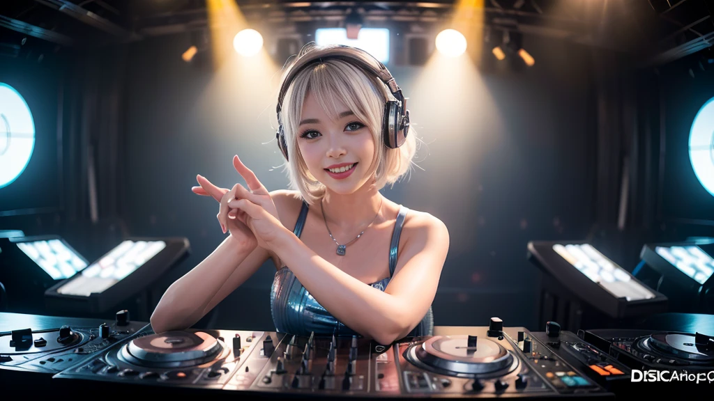 (ultra - detailed, 16K resolution, Cinema lenses, rendering by octane), (high resolution:1.18), intricate detail, (masterpiece:1.1), (highest quality:1.1), (1girl, portrait, white hair, blue eyes, short hair, detailed eyes),Wearing silver DJ headphones, Shiny silver sequined T-shirt, (Iconic hip-hop pop costumes:1.3), Smile while DJing on stage, full body shot of, The spotlight shines on the female DJ. Photorealistic photography by Disco Lighting, (cute round face:1.3), perfect fingers, five fingers, beautiful hands, perfect hands. master peace, cute smile.