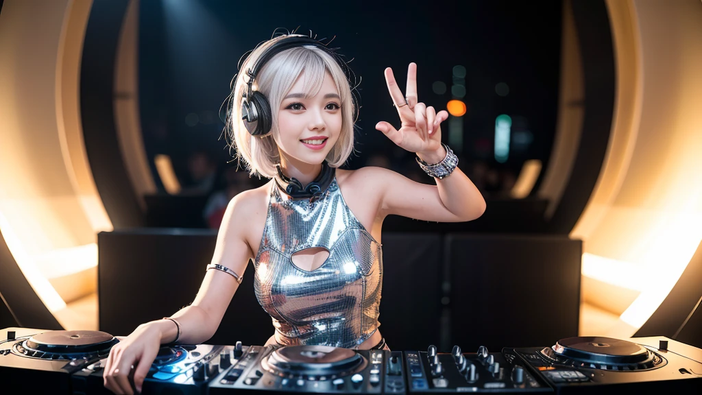(ultra - detailed, 16K resolution, Cinema lenses, rendering by octane), (high resolution:1.18), intricate detail, (masterpiece:1.1), (highest quality:1.1), (1girl, portrait, white hair, blue eyes, short hair, detailed eyes),Wearing silver DJ headphones, Shiny silver sequined T-shirt, (Iconic hip-hop pop costumes:1.3), Smile while DJing on stage, full body shot of, The spotlight shines on the female DJ. Photorealistic photography by Disco Lighting, (cute round face:1.3), perfect fingers, five fingers, beautiful hands, perfect hands. master peace, cute smile.