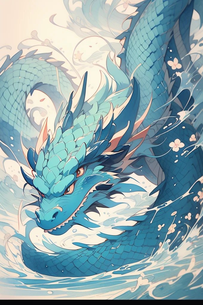 a close up of a dragon with a flower on its back, a watercolor painting by Gong Kai, trending on cgsociety, sōsaku hanga, blue dragon, dragon art, chinese watercolor style, water dragon, traditional chinese watercolor, chinese dragon, chinese dragon concept art, japanese watercolor, traditional chinese art, chinese painting style, cyan chinese dragon fantasy