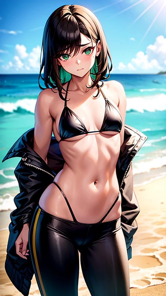 Cute male. Feminine male. Green eyes. Brown hair. Wavy hair. Shoulder-length hair. Male wearing black bikini. Short. Patite. Lean. Curvy body. Bulged croch. Tan skin. At the beach.