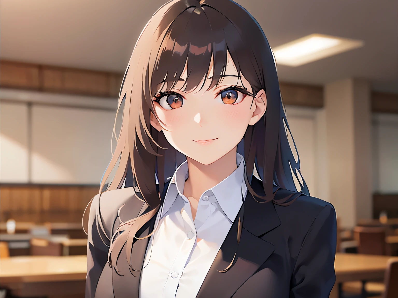 close-up,looking at viewer,(Looking up:1.5),Realistic, real person, (pale skin: 1.2), RAW photo, photorealistic, shiny skin, shiny hair、 (A 35-year-old woman with medium-length hair and bangs) and (wavy hair) and (brown hair) and (Orange Eyes) (Wearing a business suit:1.5) and (Wearing a white collared shirt),(blush:1.5) ,smile、The background is the interior of a restaurant at night.、Alone、(Wearing a black jacket:1.5)