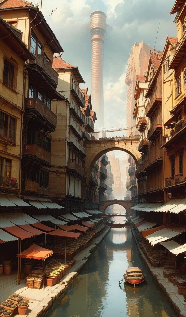 Industrial era city, deep canyons in the middle, architectural streets, bazaars, bridges, rainy days, steampunk, european architecture