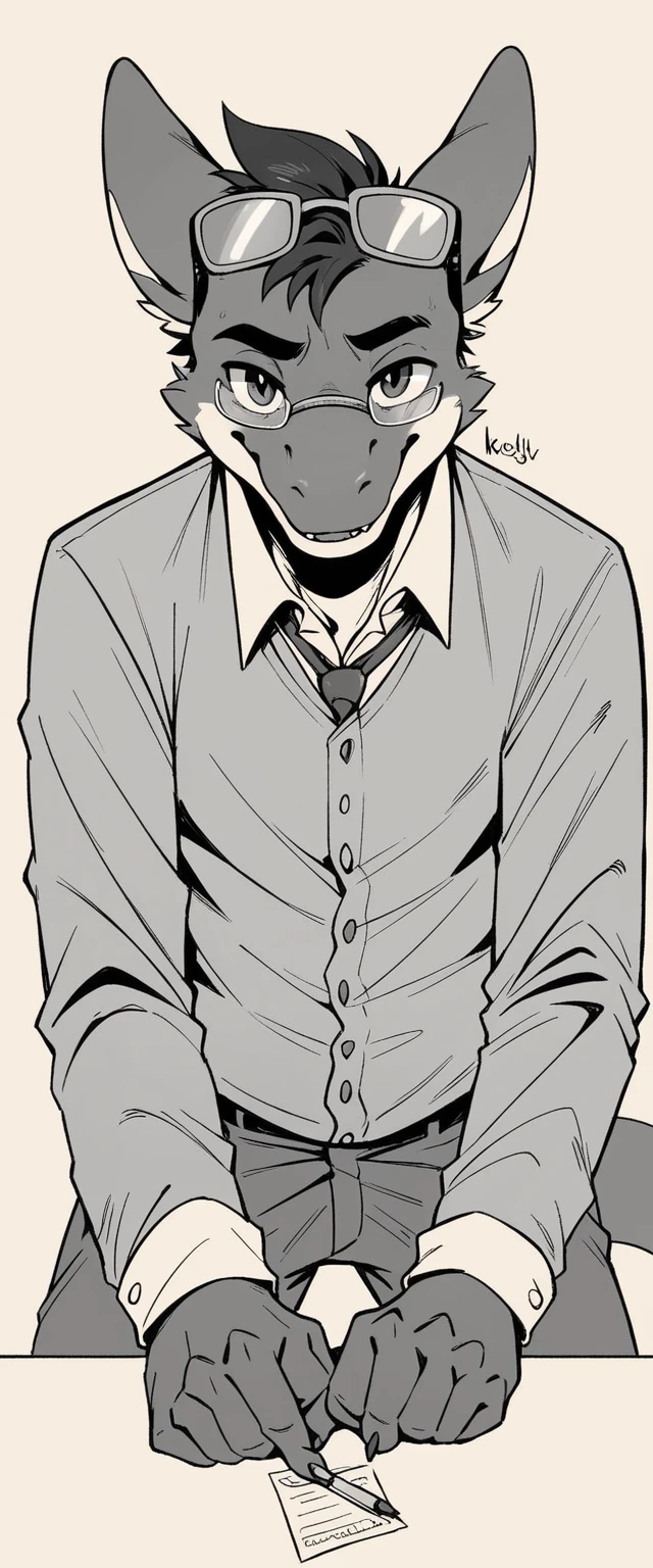 a drawing of a cartoon character with glasses on his head, lineal inspired by Károly Brocky, trend on DeviantArt, furry art, thick linear, Thick outlines, young male anthro dragon, lineal simple, thick black linear, antro paw pov art, professional furry drawing, pov furry art, bold linear