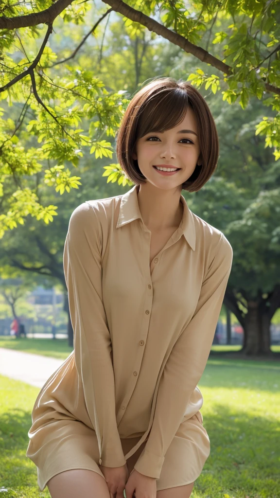 (8K, RAW Photos:1.2)Detailed face and eyes,最high quality, Ultra-high resolution, Very detailed ,Intricate details ,Tabletop ,pretty girl , Soft cinematic light, Hyper Detail,Sharp focus, high quality, outside,Dress shirt,Camel Toe,Dark Brown Hair, Bobcut,Absolute area,Hands clasped behind head ,whole body,Crouching, front,panting,Smiling gently,A park with a tree-lined avenue of fresh greenery,Spring Tree Leakage Sun,