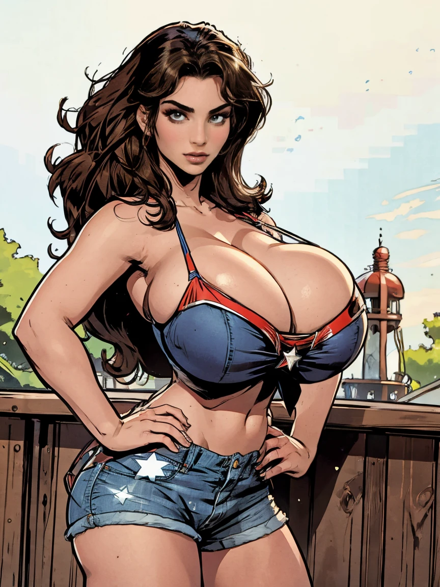 Gorgeous and sultry busty athletic (thin) brunette with sharp facial features and a (big hair) and (huge boobs) wearing a star-spangled bikini, daisy dukes, Americana, backyard