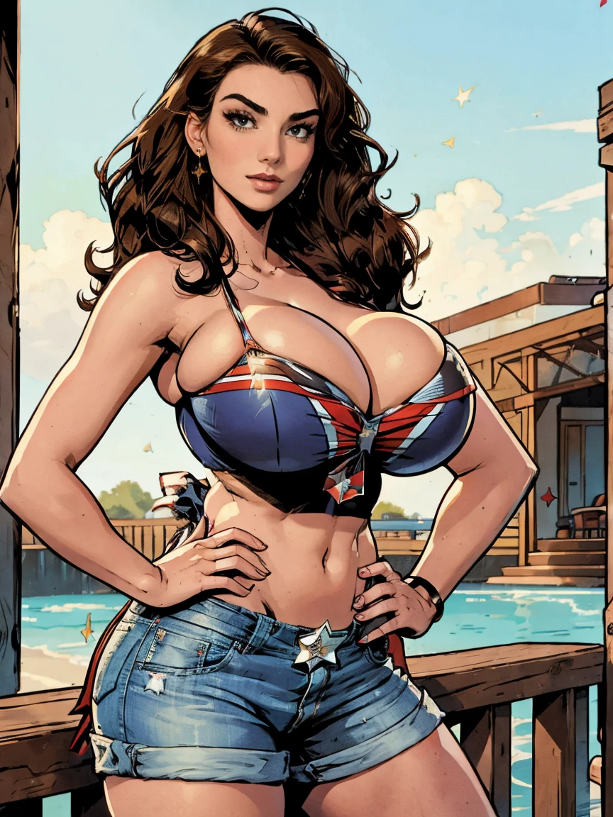 Gorgeous and sultry busty athletic (thin) brunette with sharp facial features and a (big hair) and (huge boobs) wearing a star-spangled bikini, daisy dukes, Americana, backyard