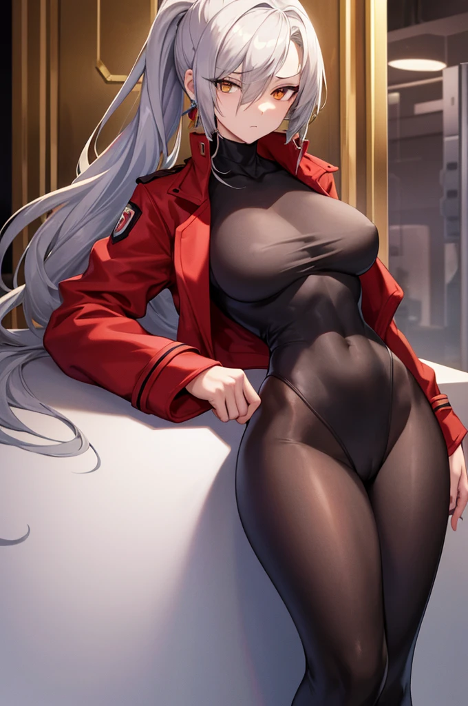 Tall, slim, She has long grey hair tied back in an enormous, messy ponytail that reaches down to her thighs, hair covering one eye, she wears a red jacket, wearing a black full-body suit, golden eyes, angle from below, laboratory background, wide hips, resting chest on a table, fit, close up