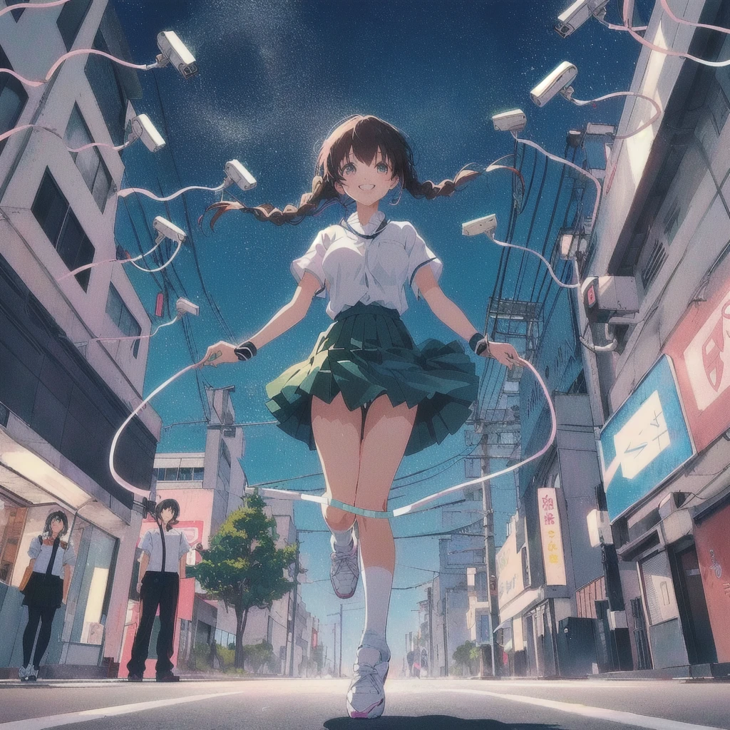 Anime girl wearing a skirt and white shirt jumping rope in a street full of security cameras, Crazy Smile,80s anime style, Trending Anime Artwork, 80's Town,Lofi,Japanese Pop Surrealism, lofi album art, Anime atmosphere, Anime Style 4k, Anime Aesthetics, Trending Anime Art, Lo-fi Girl, Makoto Shinkai Cyril Rolland, Beautiful anime art, A mix of anime style and Fujifilm, Anime style digital art