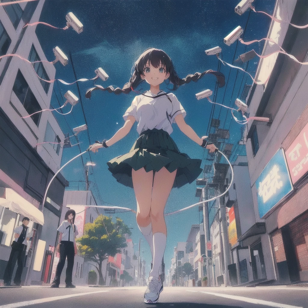 Anime girl wearing a skirt and white shirt jumping rope in a street full of security cameras, Crazy Smile,80s anime style, Trending Anime Artwork, 80&#39;s Town,Lofi,Japanese Pop Surrealism, lofi album art, Anime atmosphere, Anime Style 4k, Anime Aesthetics, Trending Anime Art, Lo-fi Girl, Makoto Shinkai Cyril Rolland, Beautiful anime art, A mix of anime style and Fujifilm, Anime style digital art
