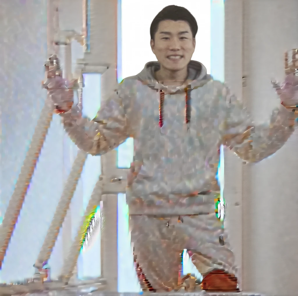 Male whole body、upright、Gray hoodie、Long sleeves、Detailed hands、Asian、Pure white background、With arms outstretched、Wearing black pants、Long length、Black sneakers、Both arms are straight、joint、