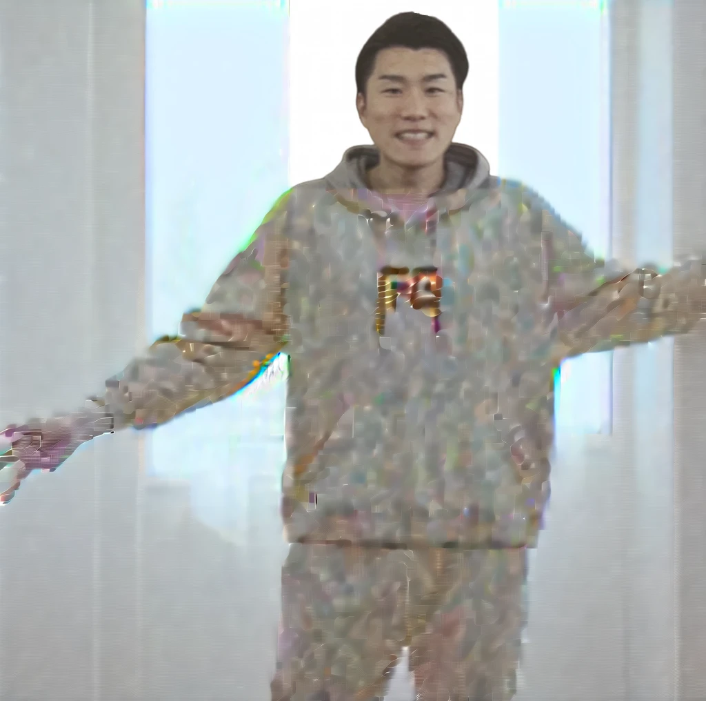 Male whole body、upright、Gray hoodie、Long sleeves、Detailed hands、Asian、Pure white background、With arms outstretched、Wearing black pants、Long length、Black sneakers、Both arms are straight、joint、