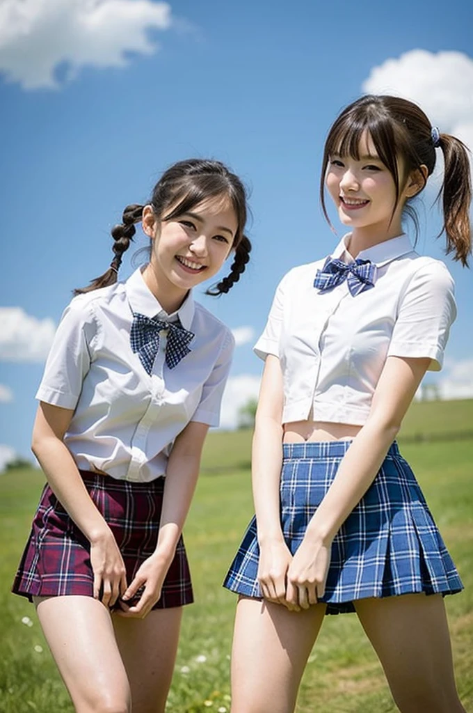 2 girls walking in school field,summer cloud in blue sky,short-sleeved white shirt with bow tie,white thong,hands on crotch,18-year-old,bangs,a little smile,thighs,knees,short hair with low pigtails bunches with plaid ribbon bow,from below,front light