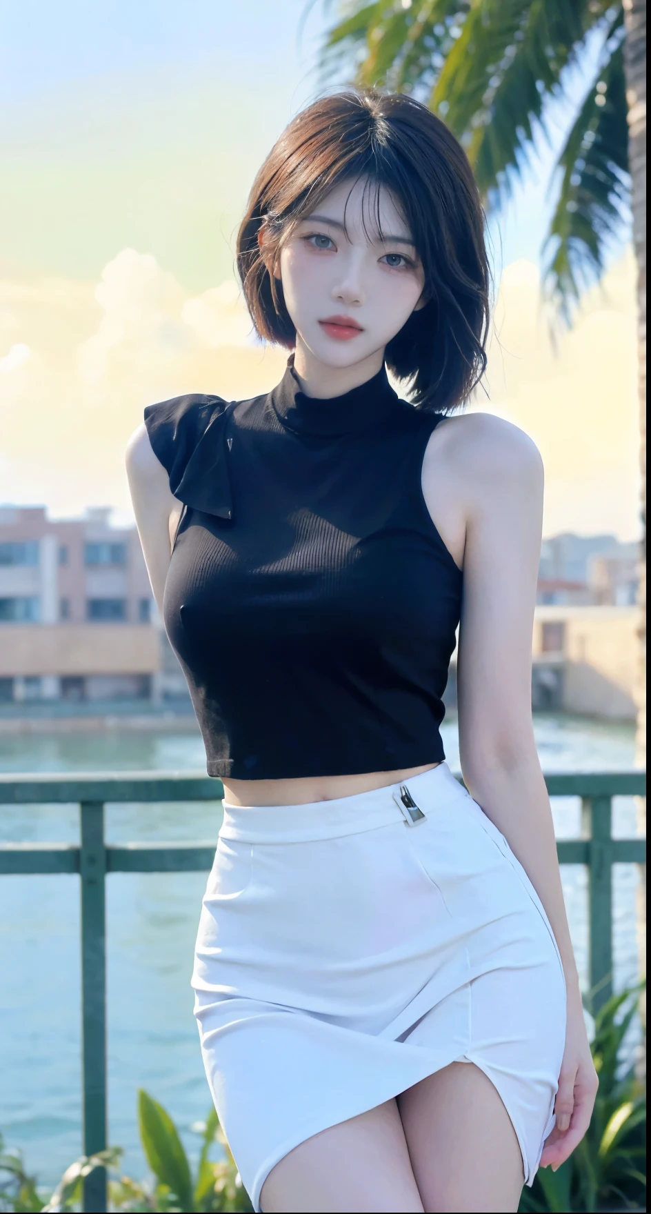 Beautiful woman with perfect figure:1.4,Swimming background,Desert Background,Ultra-high resolution,Seductive laughter,wear glasses,White legs,(lifelike:1.4),Layered Hairstyle,White skin,Black mini pleated skirt,whole body,Very delicate face and skin texture,Double eyelids,Skin Whitening,Long hair,White hair,White,