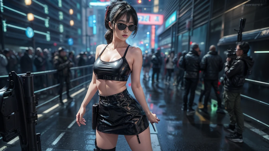 8k, Realistic Skin Texture, Realistic Photo, Neo Tokyo, slim Japanese women, large-breast:1.3 cleavage:1.2, AD2050 at night, Dirty hunting jacket, Wearing tube top, miniskirt, (((black sunglasses, automatic rifle, sneakers, cold, shooting pose, low angle view))), Innovative composition, revenge, cyberpunk, blade runner worldview, Large neon sign, Geisha hologram sign, Strong Wakamoto Sign.