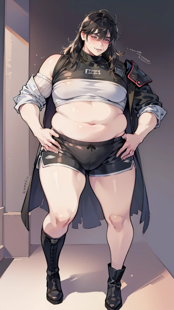 ( High quality , ultra detailed, careful with hand ), solo male, fat male, round belly, fat belly, large belly, ((tight shorts)), bulge, blushing, heart eyes, dark hair, sci-fi, cyberpunk clothes, jacket, medium length hair, arch bangs, male with fat ass and big thighs, belly focus, happy trail, moobs, round glasses, wobbly smile, possessive expression, pretty boy, chubby male, boots, exposed thighs, exposed belly, neon pink highlights, sweating, implied obsession, male yandere tag, pixiv, weight gain commission, male weight gain, fat fetish commission, deviantart, belly kink, anime style, weight gain on thighs and ass but mostly belly, ((large round fat belly)), shoulder length hair