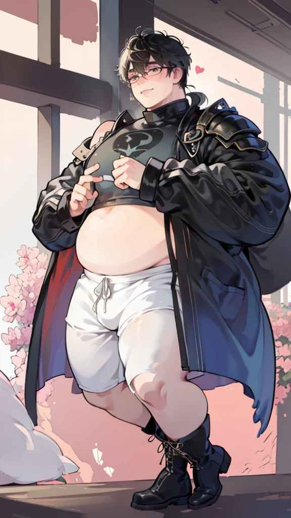 ( High quality , ultra detailed, careful with hand ), solo male, fat male, round belly, fat belly, large belly, ((tight shorts)), bulge, blushing, heart eyes, dark hair, sci-fi, cyberpunk clothes, jacket, medium length hair, arch bangs, male with fat ass and big thighs, belly focus, happy trail, moobs, round glasses, wobbly smile, possessive expression, pretty boy, chubby male, boots, exposed thighs, exposed belly, neon pink highlights, sweating, implied obsession, male yandere tag, pixiv, weight gain commission, male weight gain, fat fetish commission, deviantart, belly kink, anime style, weight gain on thighs and ass but mostly belly, ((large round fat belly)), shoulder length hair