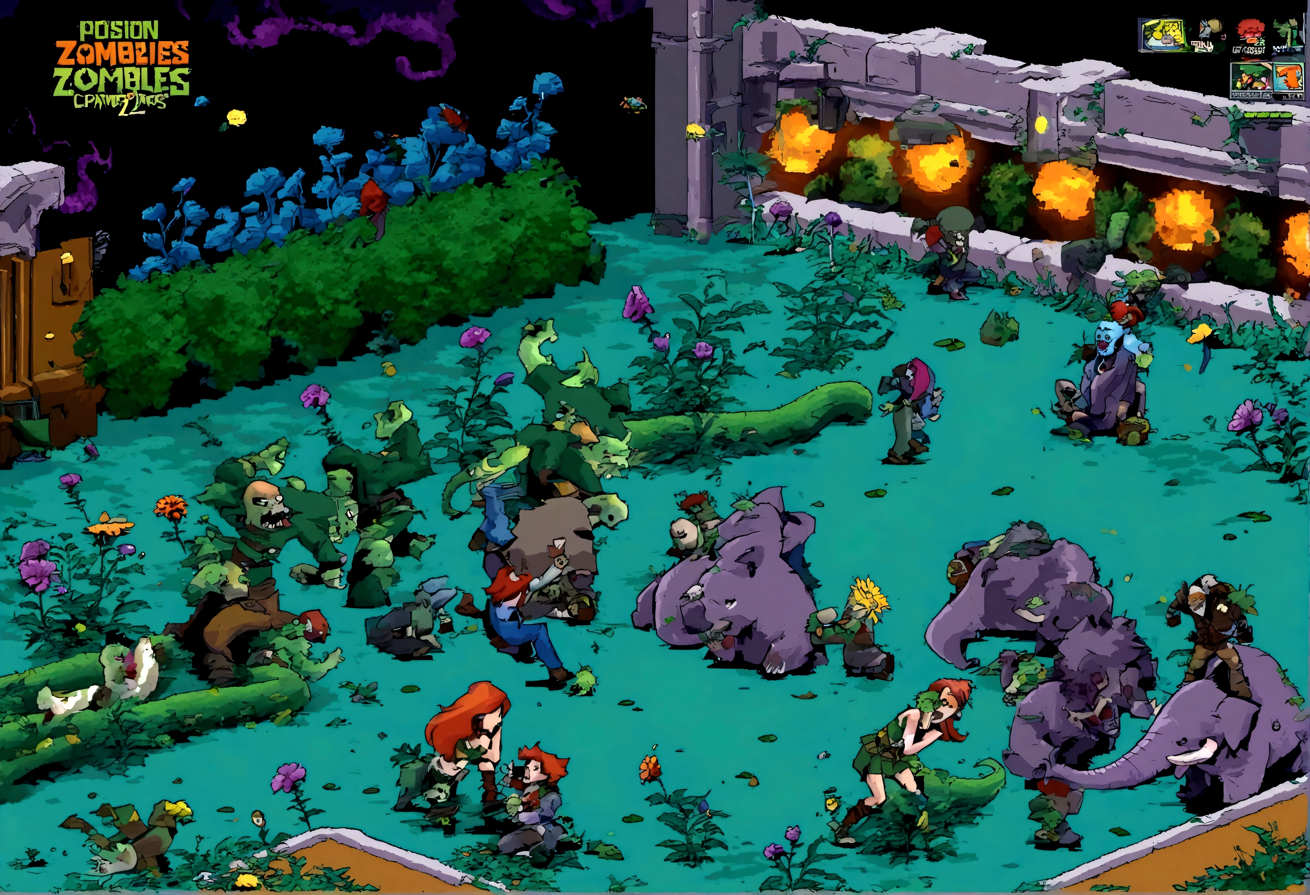 (16 bit video game) cartoonish battle field (Noble vegetable army) shoots at the charging zombie horde. Back yard garden, moonlit night, epic battle plants vs. zombies
