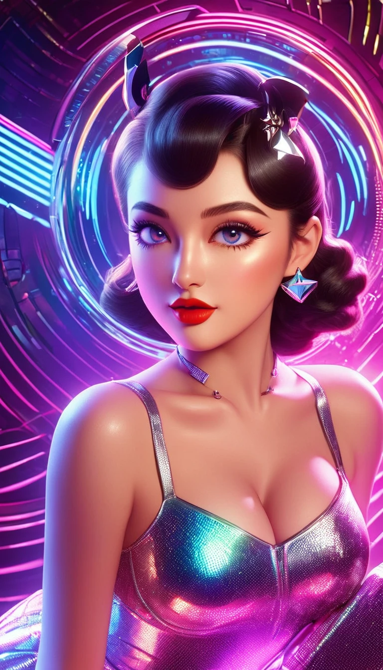 Generate a hyperrealistic image capturing the essence of a futuristic pin-up girl, seamlessly blending classic 1950s charm with cutting-edge technology. Envision her in a sleek, metallic environment adorned with holographic elements.. Ultra realistic, vibrant colors, 16k