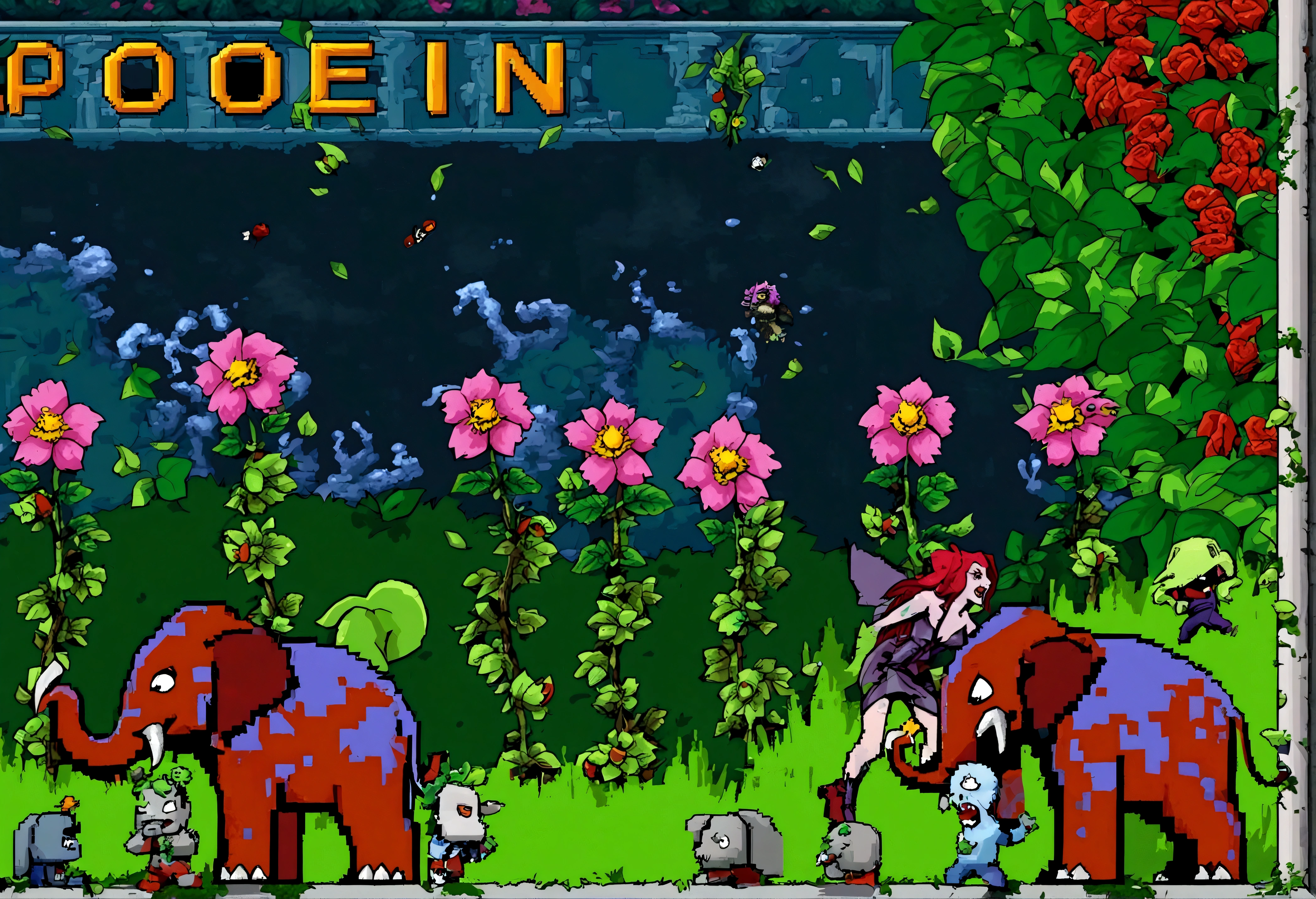 (16 bit video game graphics)DC character 'poison ivy' has animated plant (thorn,vine,flower) beasts to demolish a horde of zombie (rotten people) emerging from a swap, moonlit swamp, show the epic battle of plants vs. zombies, shambling plant elephants stomping zombies