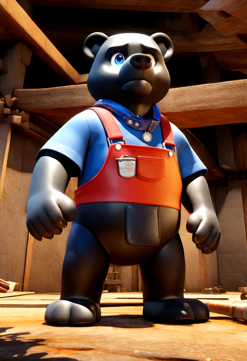 a Disney Pixar movie poster showing a medium sized black bear. The black bear is dressed as a handyman.  The black bear also has a blue collar around its neck and has colored eyes. The background is a construction zone. 3D-rendering