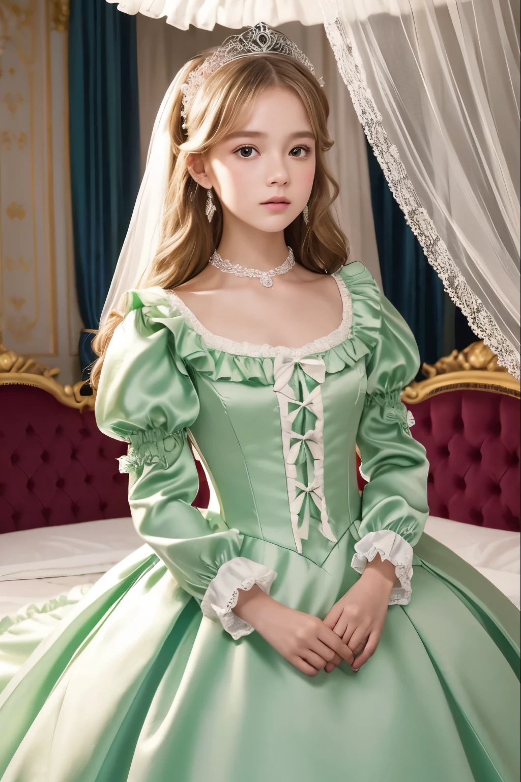highest quality, masterpiece, highest resolution, artwork, super それにget used to it, many get used to it, get used to it, それにget used to it, 3k realistic pictures,,((12 year old little girls)),Ultra-detailed juvenile face,ultra-detailed beautiful little girls,girls are princess,full length ball gown dress with hoop skirt,ruffled yoke collar,puff sleeves,long sleeve,((Lolita style light green detailed princess satin dress with lots of ruffles and ribbons)),Rococo style lolita fashion,shiny satin dress,Soft and smooth fabric,detailed princess dress,luxury,long blonde hair,blue eyes,white skin european,Pajama,((in the bedroom of the palace)),luxury princess canopy king size pink bed,shiny satin sheets,ultra-detailed princess bed,High-quality background,lot of frilled pillows,on the bed,