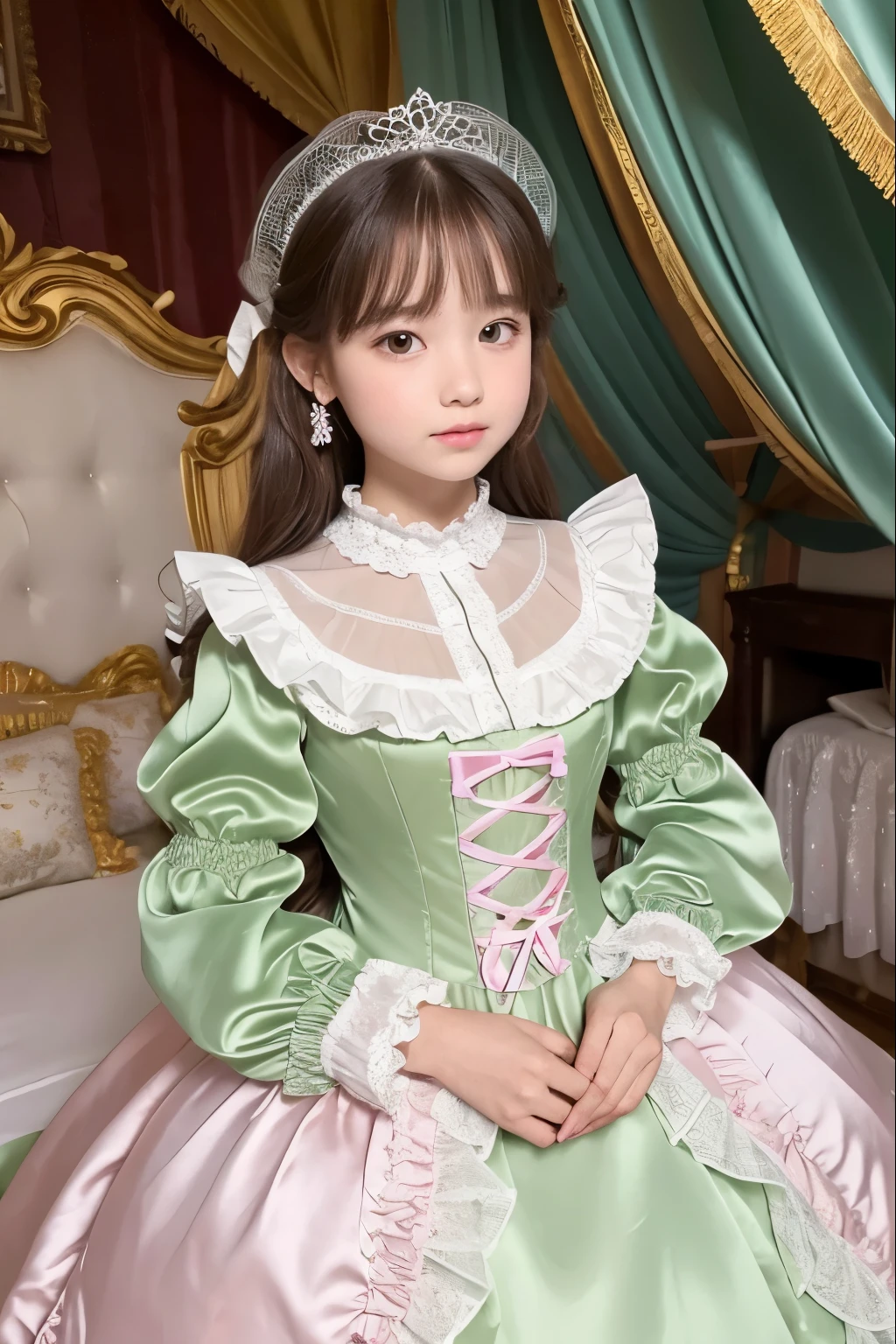 highest quality, masterpiece, highest resolution, artwork, super それにget used to it, many get used to it, get used to it, それにget used to it, 3k realistic pictures,,((12 year old little girls)),Ultra-detailed juvenile face,ultra-detailed beautiful little girls,girls are princess,full length ball gown dress with hoop skirt,ruffled yoke collar,???? sleeves,long sleeve,((Lolita style light green detailed princess satin dress with lots of ruffles and ribbons)),Rococo style lolita fashion,shiny satin dress,Soft and smooth fabric,detailed princess dress,luxury,long blonde hair,blue eyes,white skin european,Pajama,((in the bedroom of the palace)),luxury princess canopy king size pink bed,shiny satin sheets,ultra-detailed princess bed,High-quality background,lot of frilled pillows,on the bed,