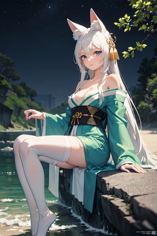 ((best quality)), ((masterpiece)), (detailed), Anime 18-year-old woman with white hair and blue eyes sitting on a stone by the river bank at night, Fox tail，Fox ears，long hair ，headgear, Waist ornaments，Anime style 4k, Elegant light green kimono,belt，White knee-length lace stockings，Off-shoulder, Best anime 4K wallpapers, Anime Art Wallpaper ，Small Breasts，Muscle lines are not obvious，seductive posture，whole body，
