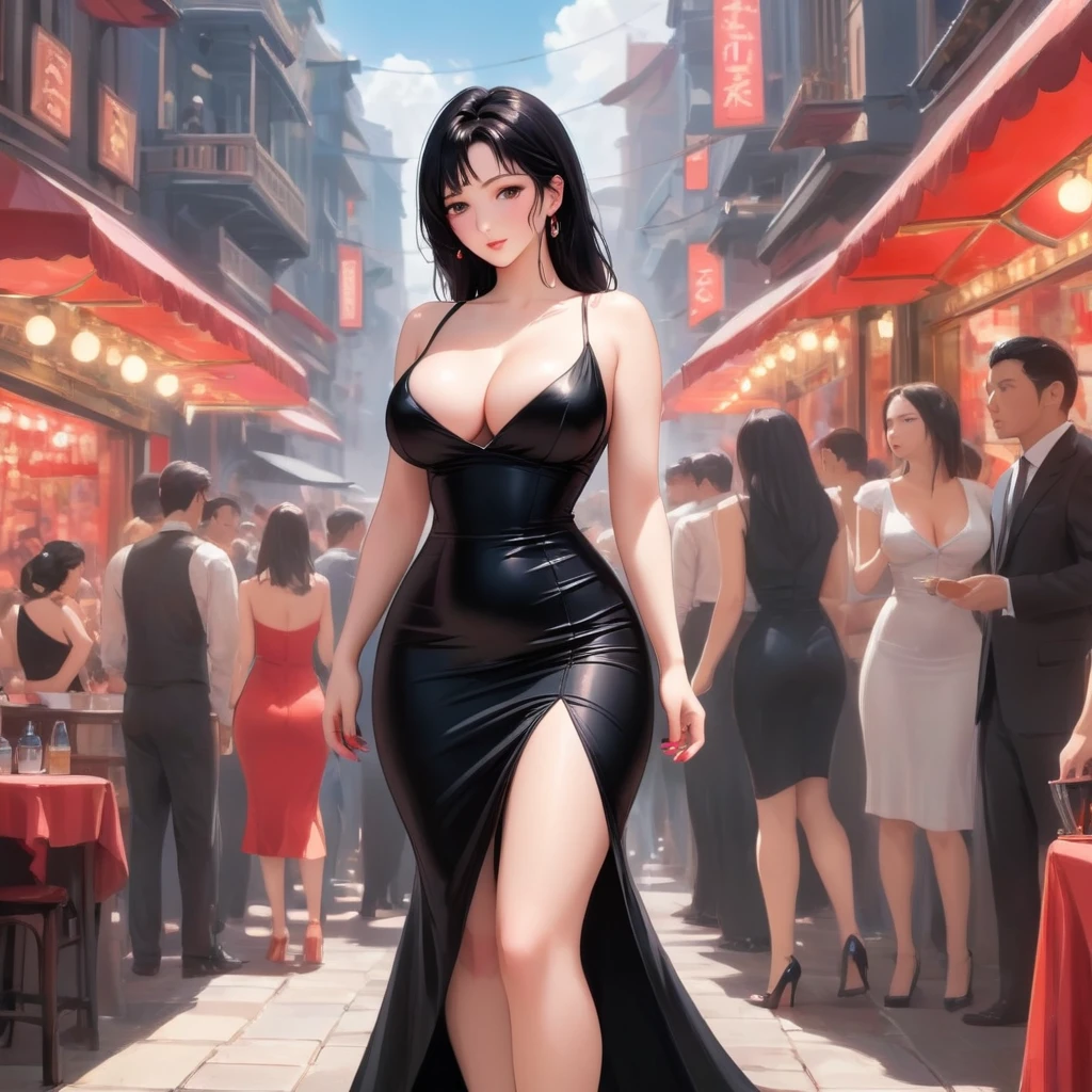 , beautiful girl with fair skin, black hair, black eyes, wearing a lustrous black dress that highlights her wide hips, wide shoulders, and big breasts, cleavage, and big ass. She is wearing open-toe heels with red painted toenails and nails. She is a tall girl standing in a crowd, with an ethereal, score_10, ballad-like atmosphere, in a 2.5D style.