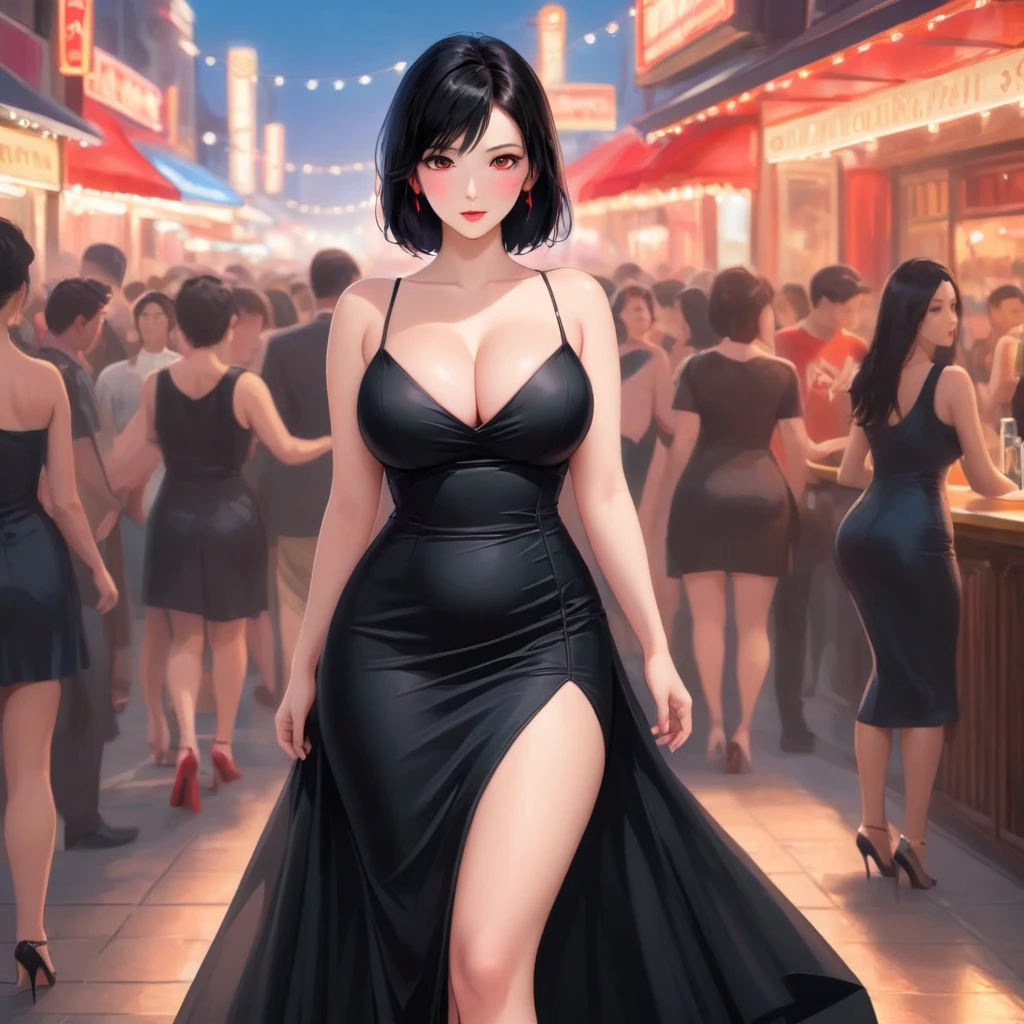 , beautiful girl with fair skin, black hair, black eyes, wearing a lustrous black dress that highlights her wide hips, wide shoulders, and big breasts, cleavage, and big ass. She is wearing open-toe heels with red painted toenails and nails. She is a tall girl standing in a crowd, with an ethereal, score_10, ballad-like atmosphere, in a 2.5D style.